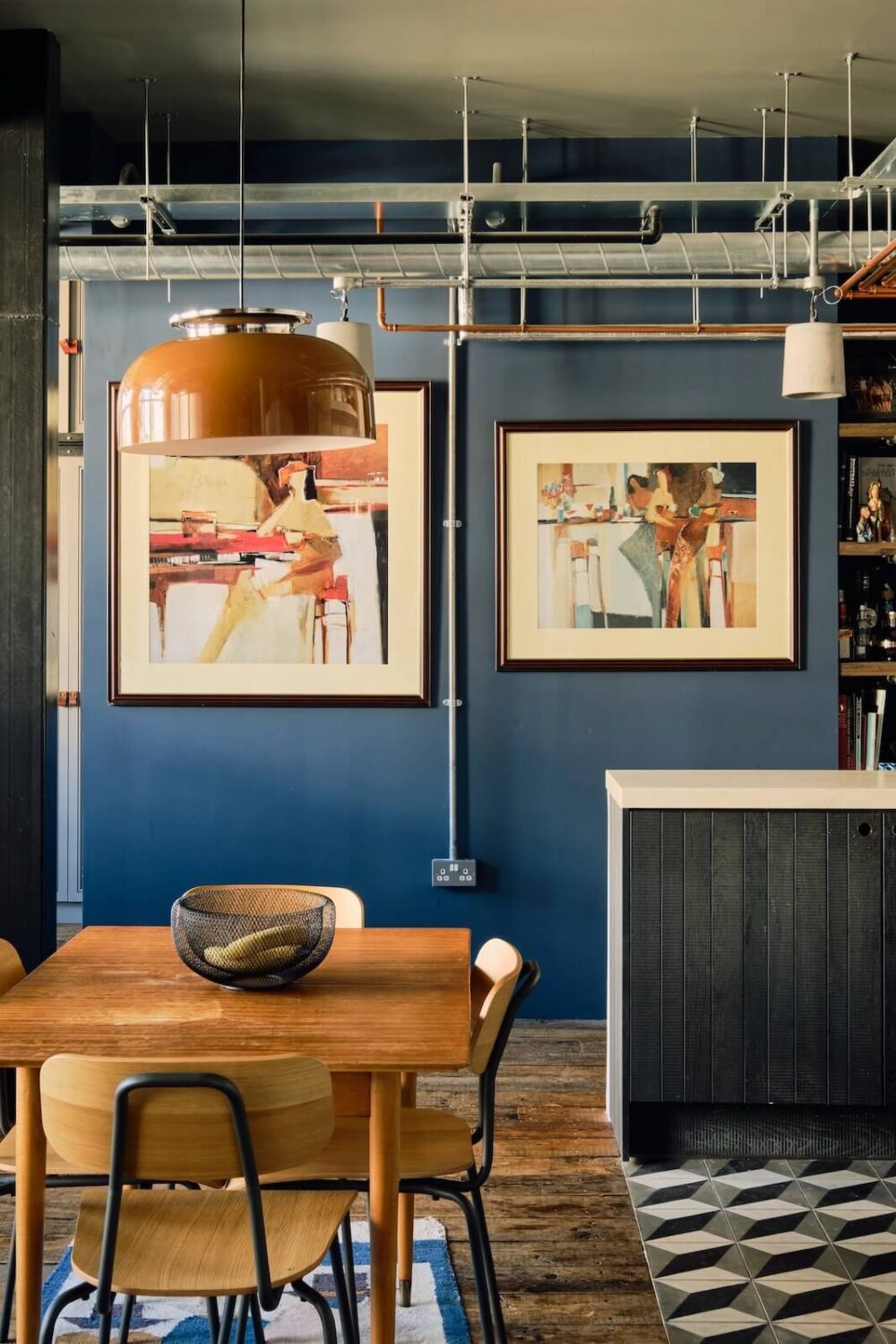 An Industrial Warehouse Apartment in London 8 dining-space-blue-wall-industrial-loft-nordroom