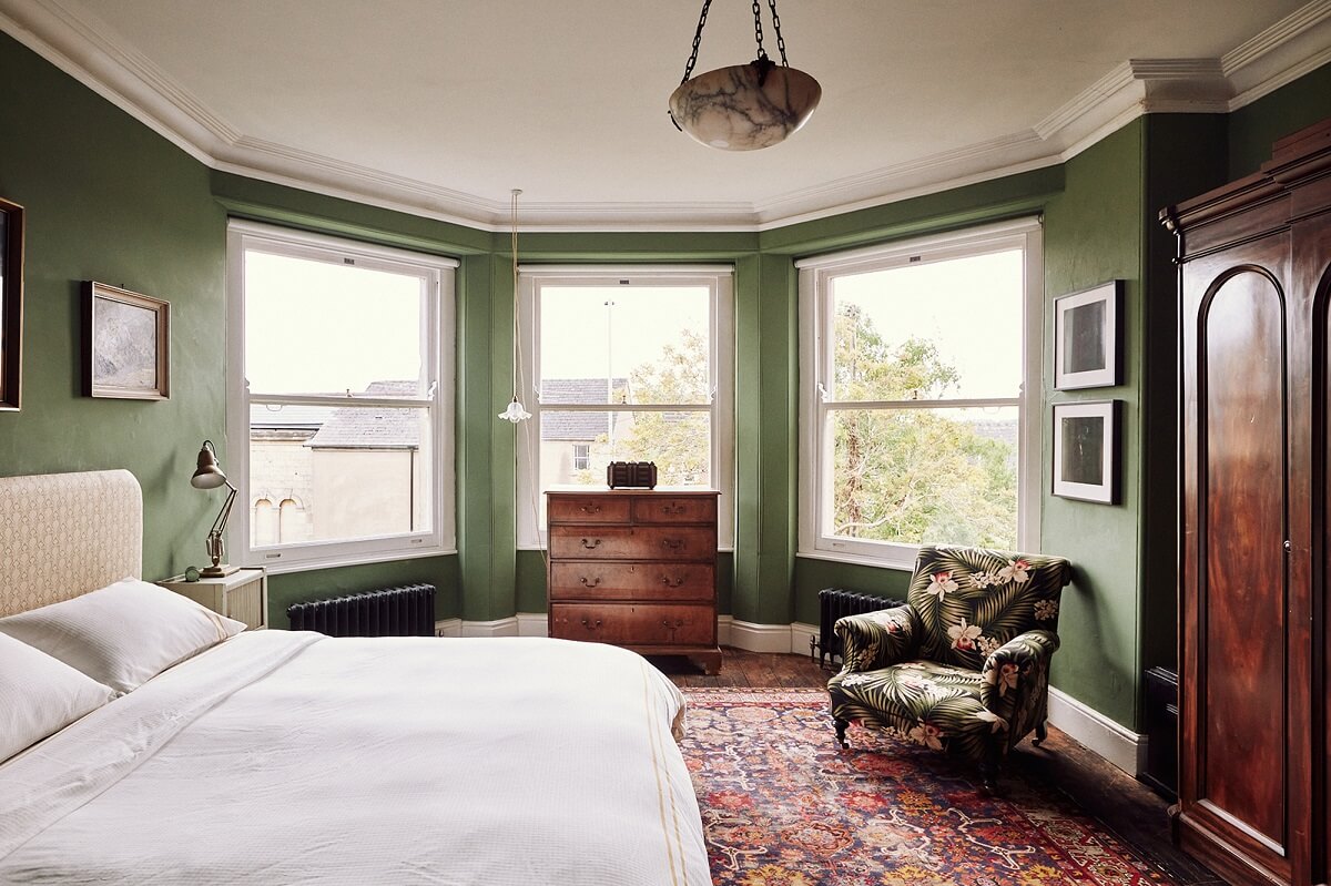 A Spectacular Kitchen in a Historic English House 15 green-bedroom-antique-wardrobe-large-rug-bay-window-nordroom