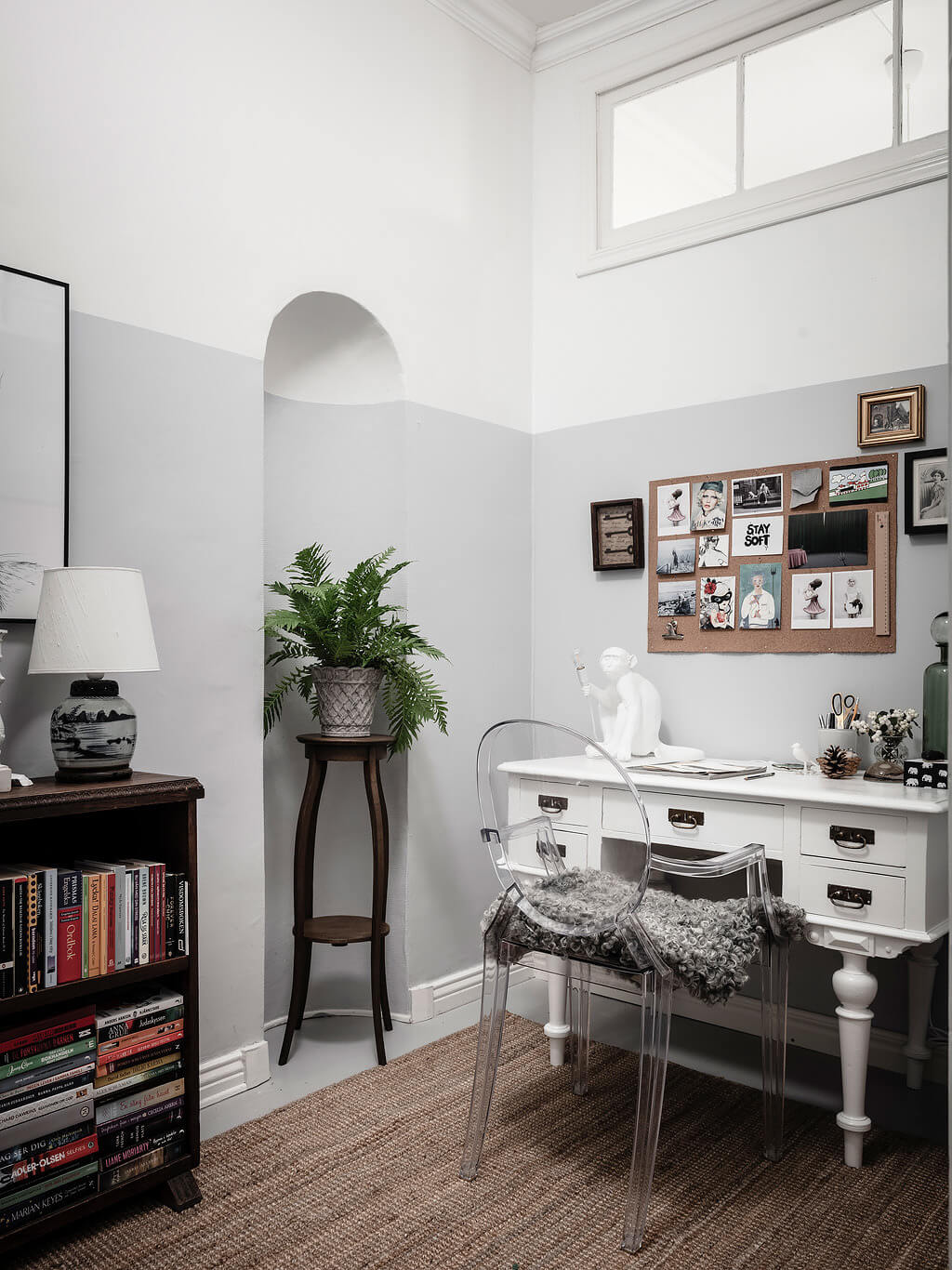 A Scandi Home with Stainless Steel Kitchen and Wallpaper 34 half painted wall home office white desk nordroom A Scandi Home with Stainless Steel Kitchen and Wallpaper