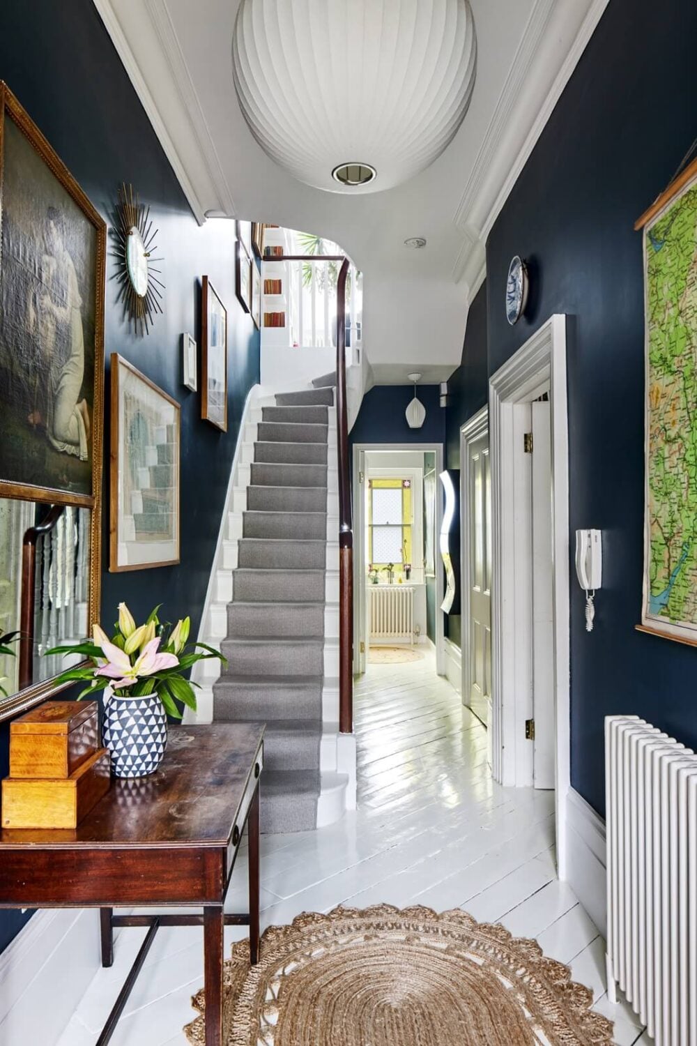A Light Victorian Townhouse with Teal Reading Room 5 hallway-farrow-ball-hague-blue-walls-white-floorboards-nordroom