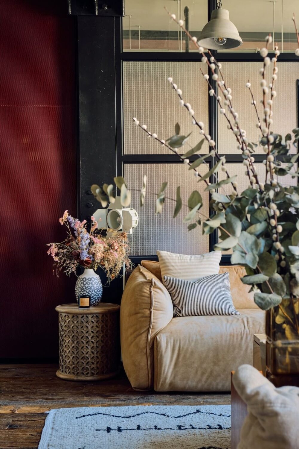 An Industrial Warehouse Apartment in London 4 industrial-living-room-detail-floral-displays-nordroom