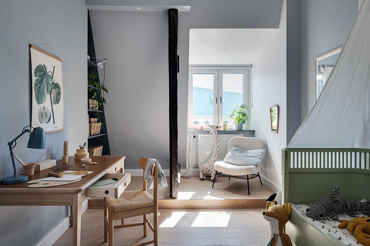 A Modern Scandinavian Attic Apartment 23 kids-bedroom-green-bed-desk-nordroom