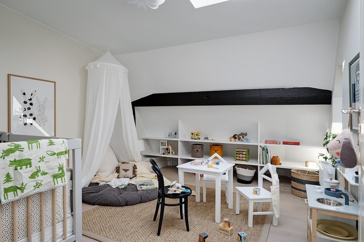 A Modern Scandinavian Attic Apartment 25 kids-bedroom-play-area-shelves-nordroom