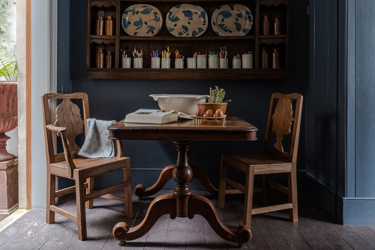 A Unique Historic House with Old Fashioned Shop in Bath 23 kitchen-dining-table-antique-blue-walls-nordroom