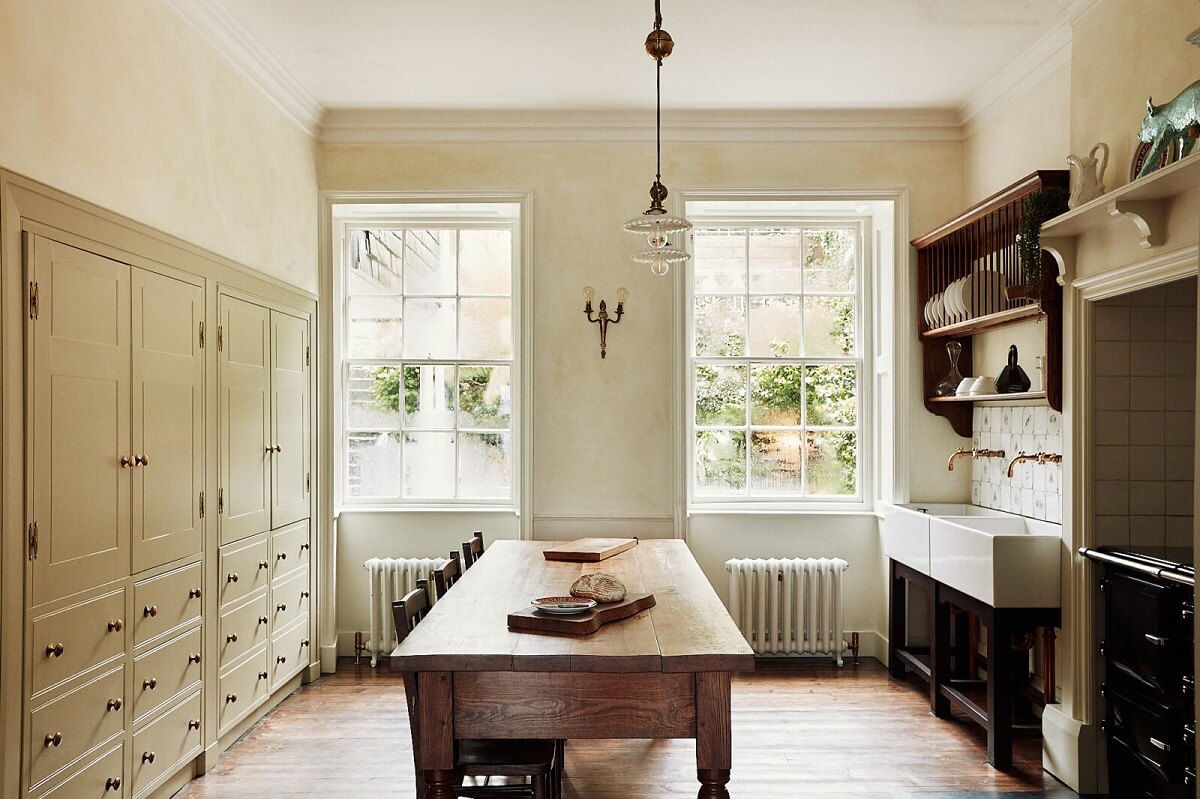 A Georgian Townhouse with Views of the Falmouth Harbour 4 kitchen-farmhouse-style-built-in-cabinets-rustic-table-nordroom