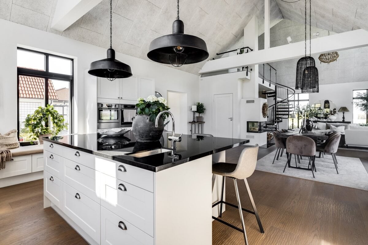A Monochrome Swedish Villa with High Ceilings 15 kitchen-island-breakfast-bar-monochrome-villa-nordroom