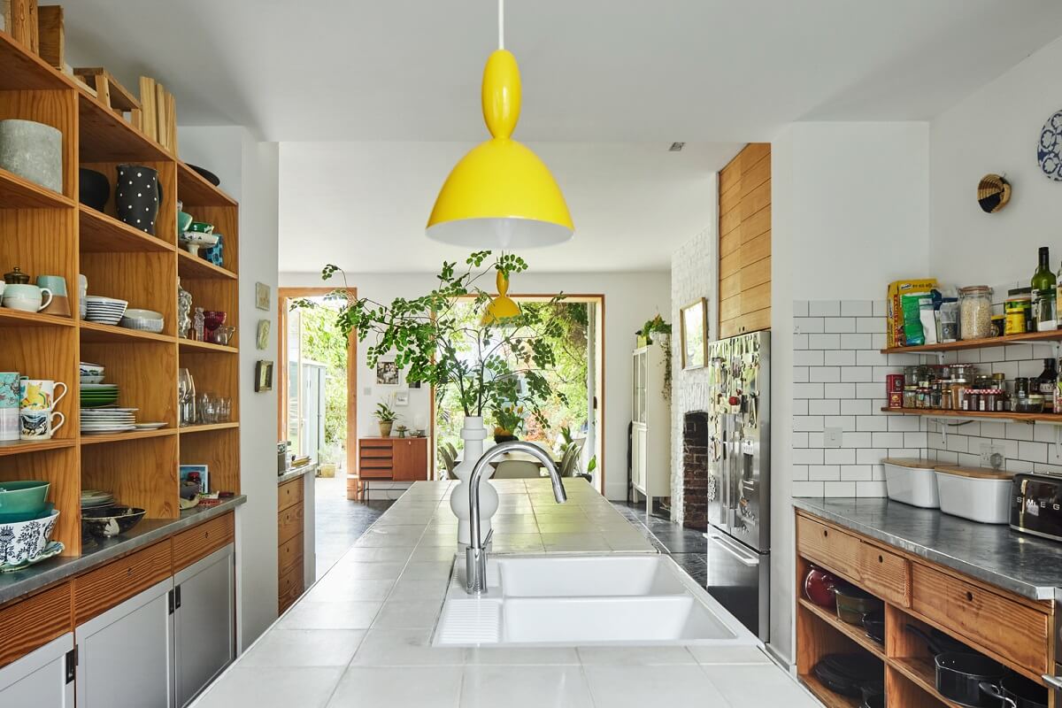 A Light Victorian Townhouse with Teal Reading Room 8 kitchen-island-yellow-pendant-light-wooden-kitchen-nordroom