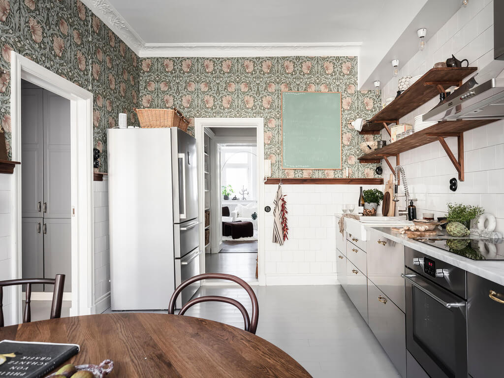 A Scandi Home with Stainless Steel Kitchen and Wallpaper 7 kitchen-light-gray-floor-stainless-steel-cabinetsvnordroom