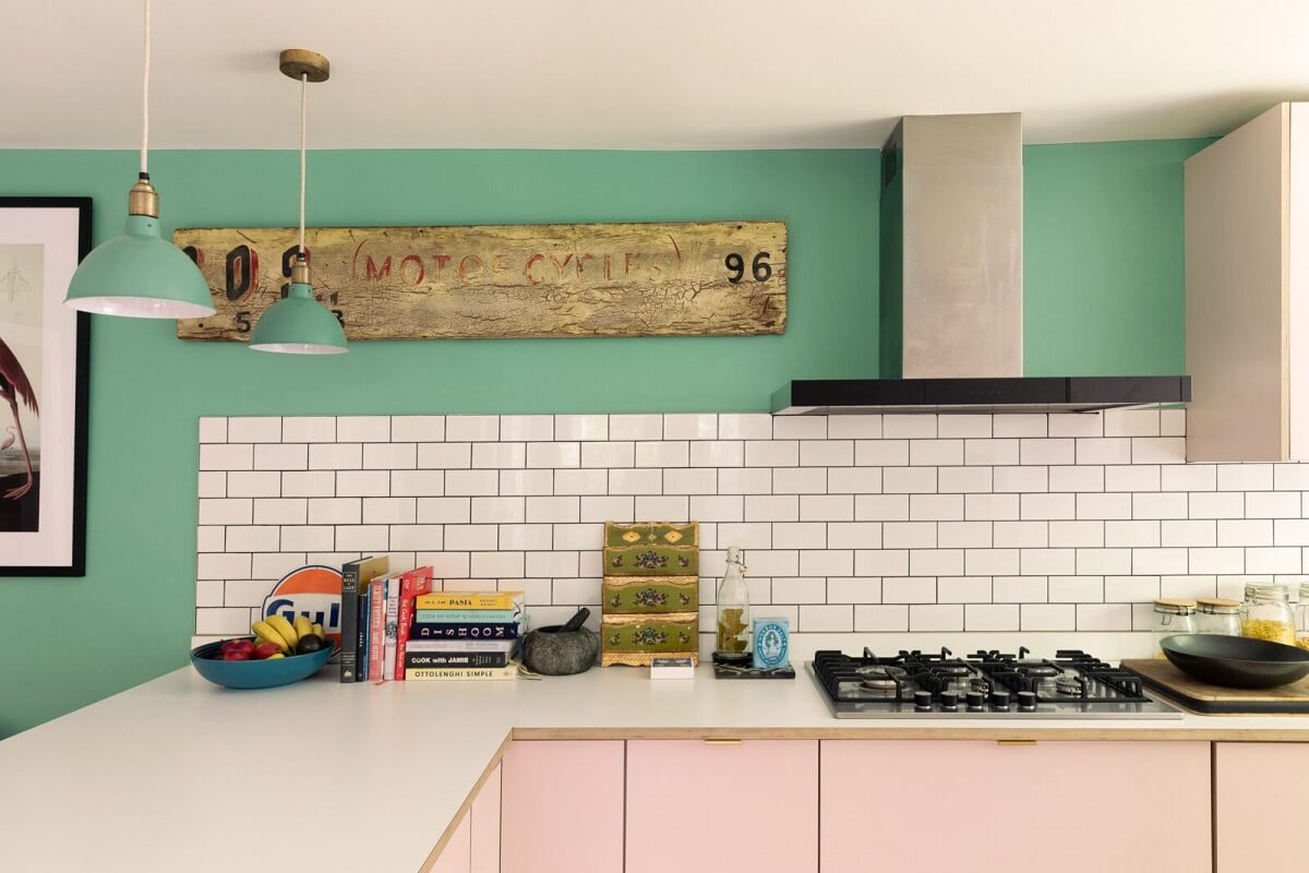 Colorful Rooms in a Family Home in London 10 kitchen-plywood-cabinets-arsenic-green-wall-paint-nordroom