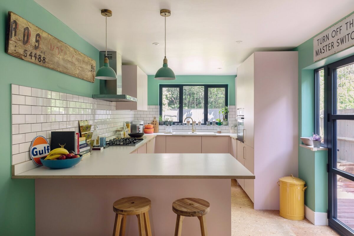 Colorful Rooms in a Family Home in London 9 kitchen-plywood-cabinets-arsenic-green-walls-nordroom