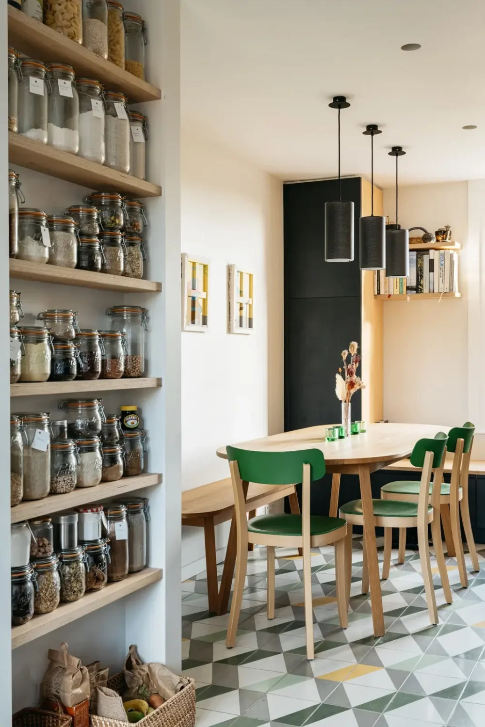 Modern Custom Interiors in a Victorian Home 6 kitchen-storage-shelves-dining-table-with-bench-nordroom