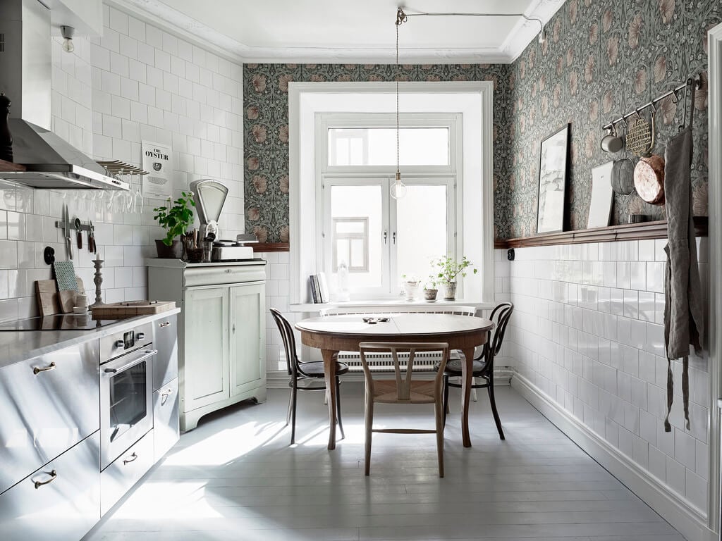 A Scandi Home with Stainless Steel Kitchen and Wallpaper 12 kitchen william morris wallpaper vintage cabinet nordroom A Scandi Home with Stainless Steel Kitchen and Wallpaper