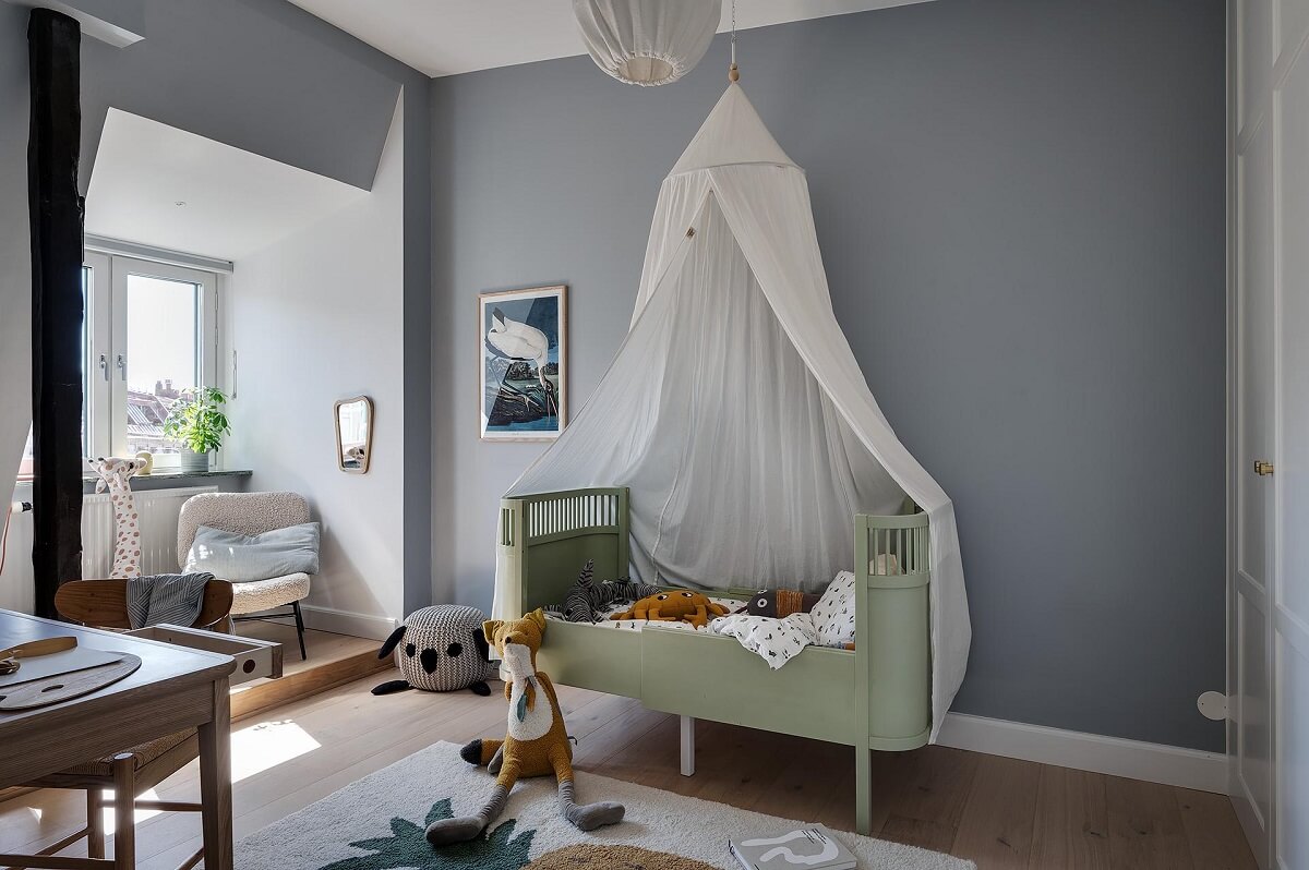 Beautiful Gender Neutral Nursery Ideas 33 light-green-cot-gray-walls-kids-room-nordroom