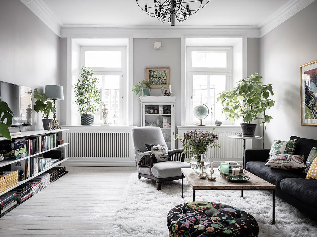 A Scandi Home with Stainless Steel Kitchen and Wallpaper 20 living room gray walls bookshelves nordroom A Scandi Home with Stainless Steel Kitchen and Wallpaper