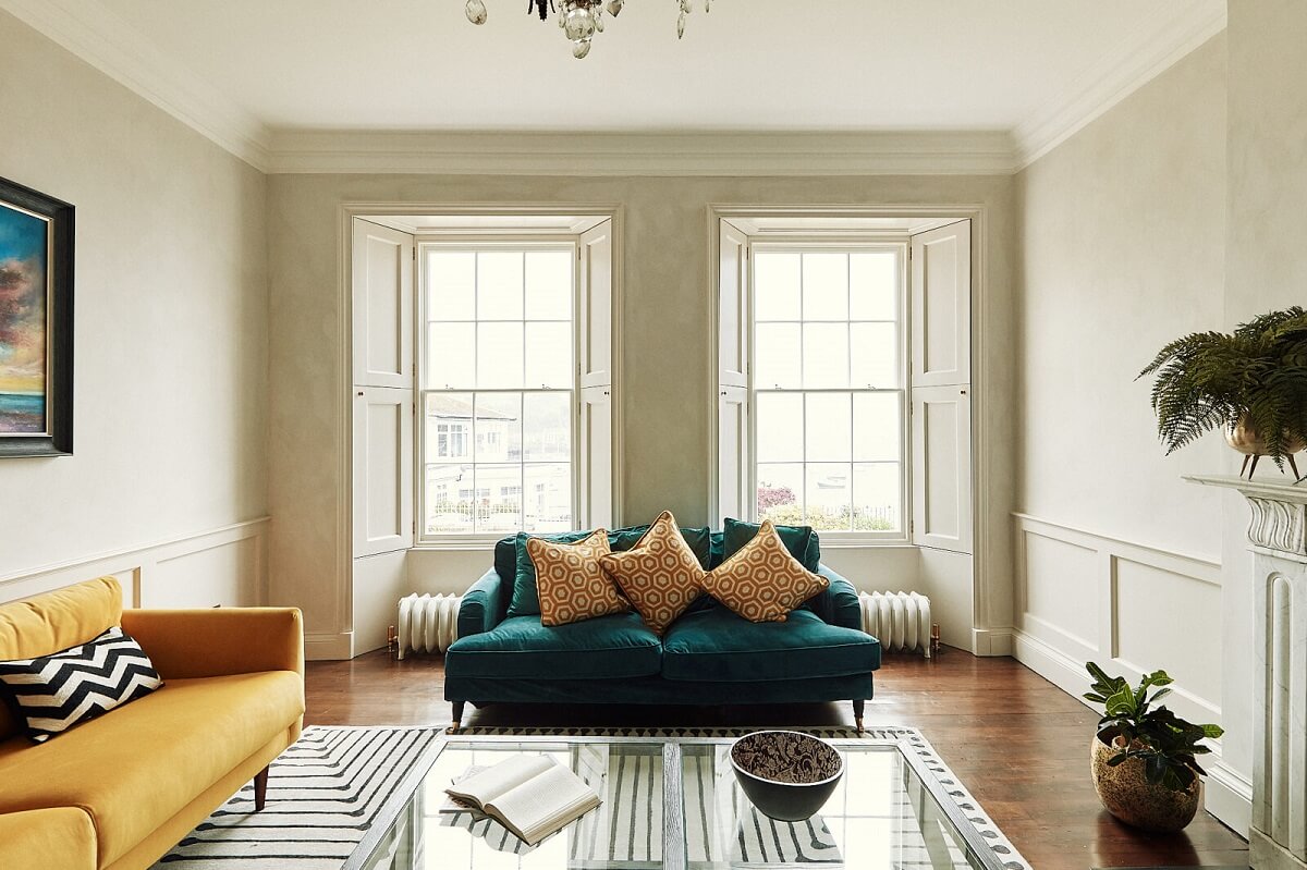 A Georgian Townhouse with Views of the Falmouth Harbour 9 living-room-green-yellow-sofa-nordroom