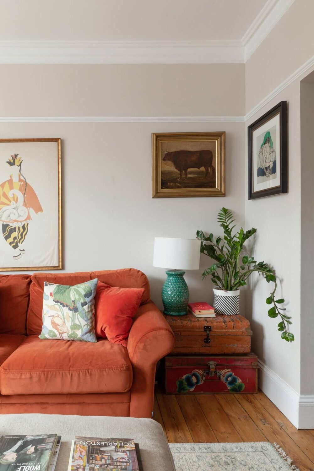 Colorful Rooms in a Family Home in London 2 red-sofa-light-gray-walls-sitting-room-nordroom