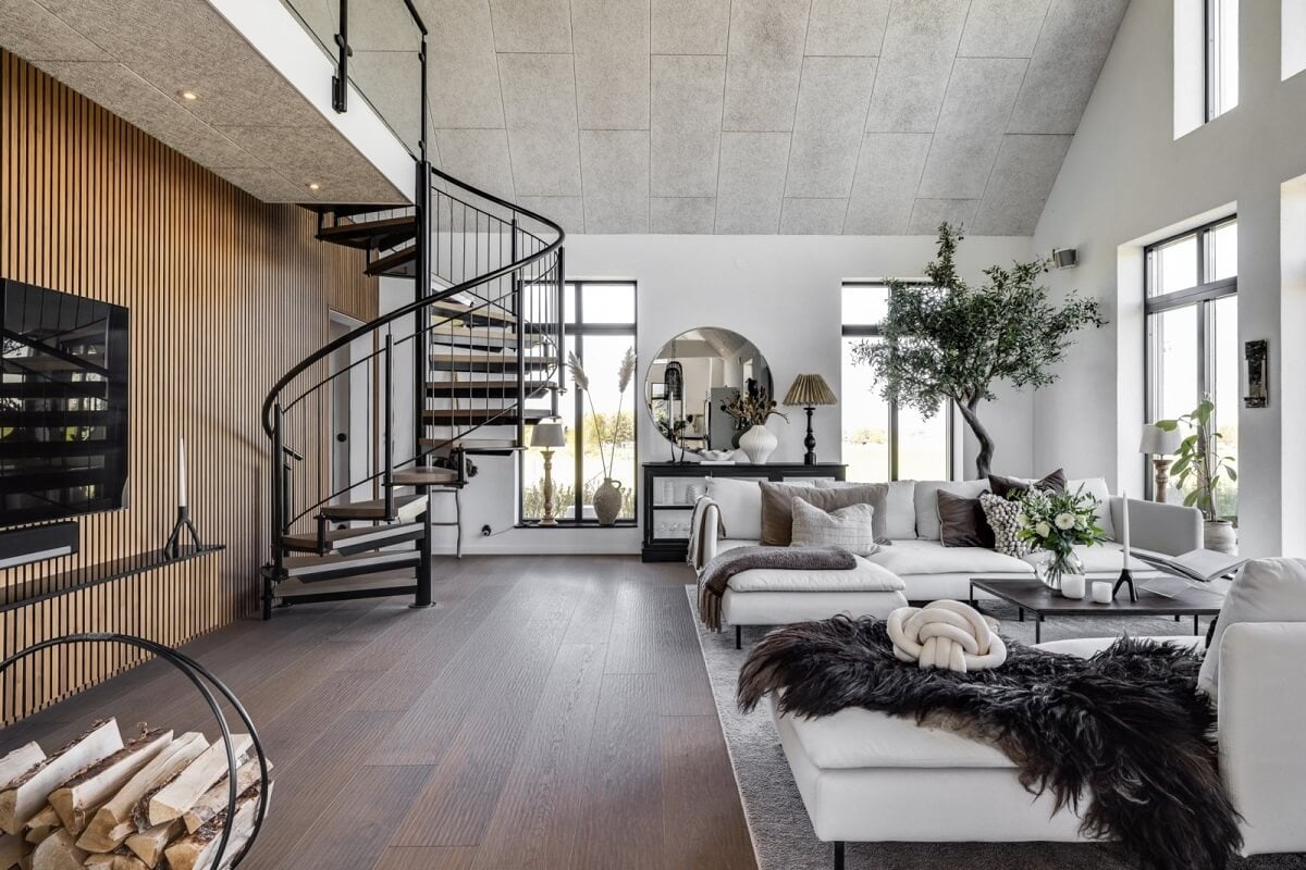 A Monochrome Swedish Villa with High Ceilings 6 monochrome-living-room-high-ceiling-wooden-accent-wall-nordroom