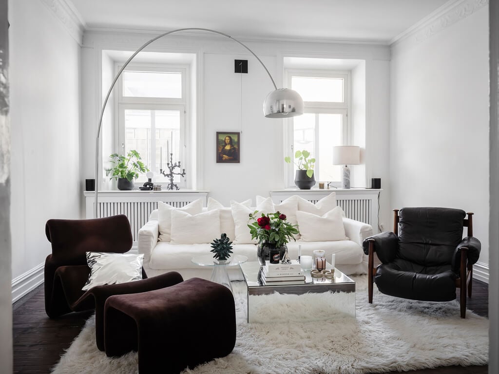 A Scandi Home with Stainless Steel Kitchen and Wallpaper 14 monochrome-living-room-large-rug-nordroom