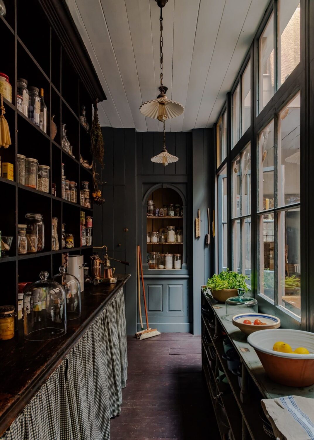 A Unique Historic House with Old Fashioned Shop in Bath 5 moody-dark-gray-pantry-skirting-shelves-glass-wall-nordroom