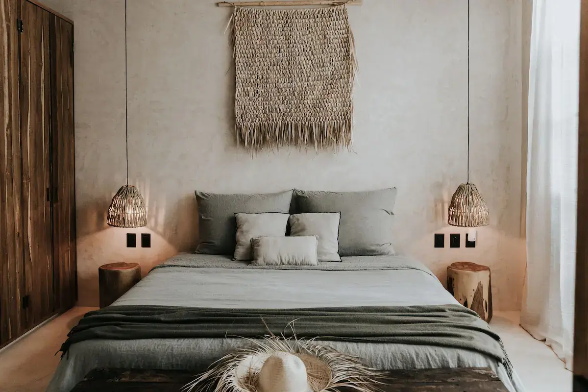 Rustic Wooden Elements in a Stylish Tulum Airbnb 19 natural-bedroom-blue-bedding-wooden-wardrobe-airbnb-tulum-nordroom