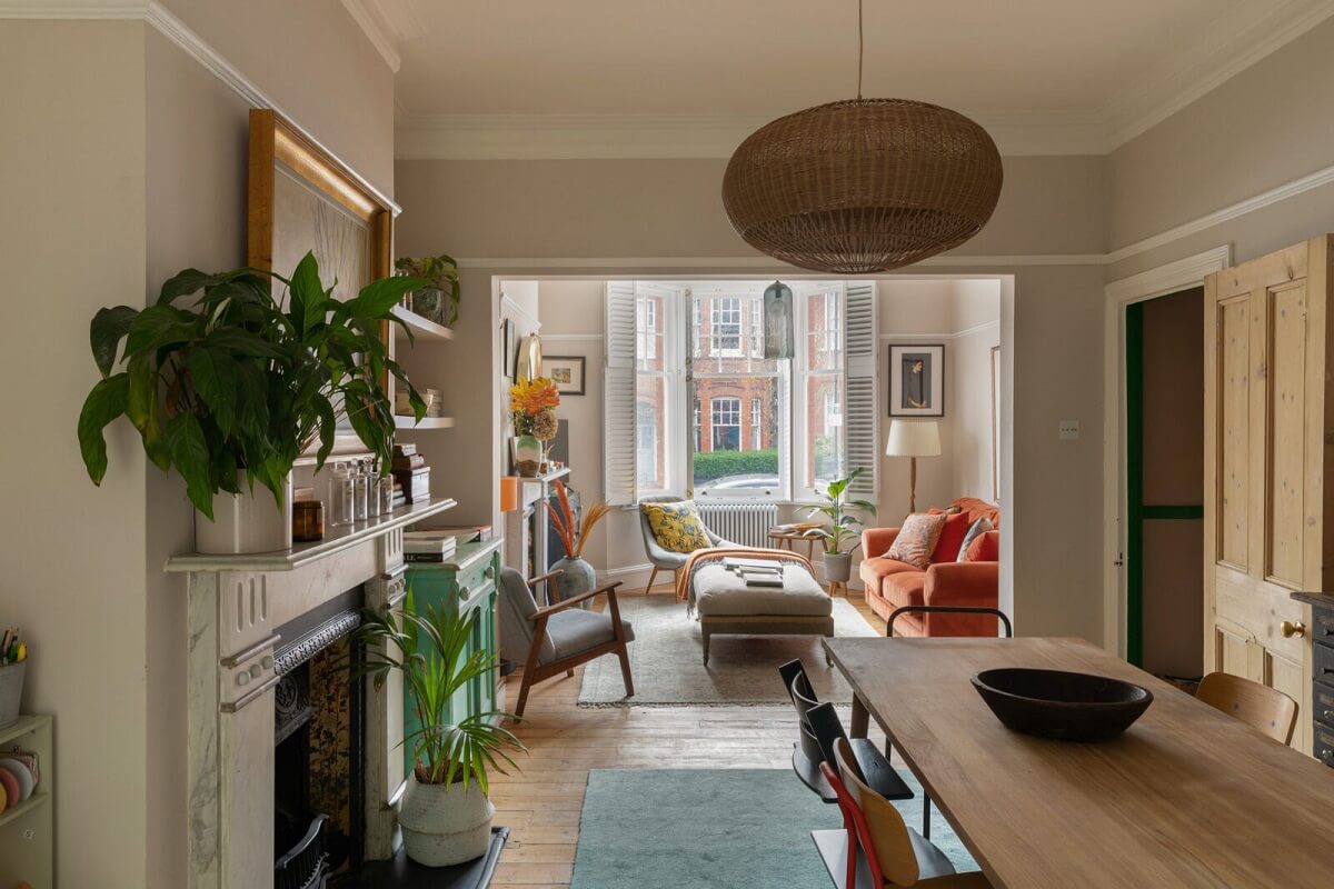 Colorful Rooms in a Family Home in London 3 open-plan-living-dining-space-fireplace-nordroom