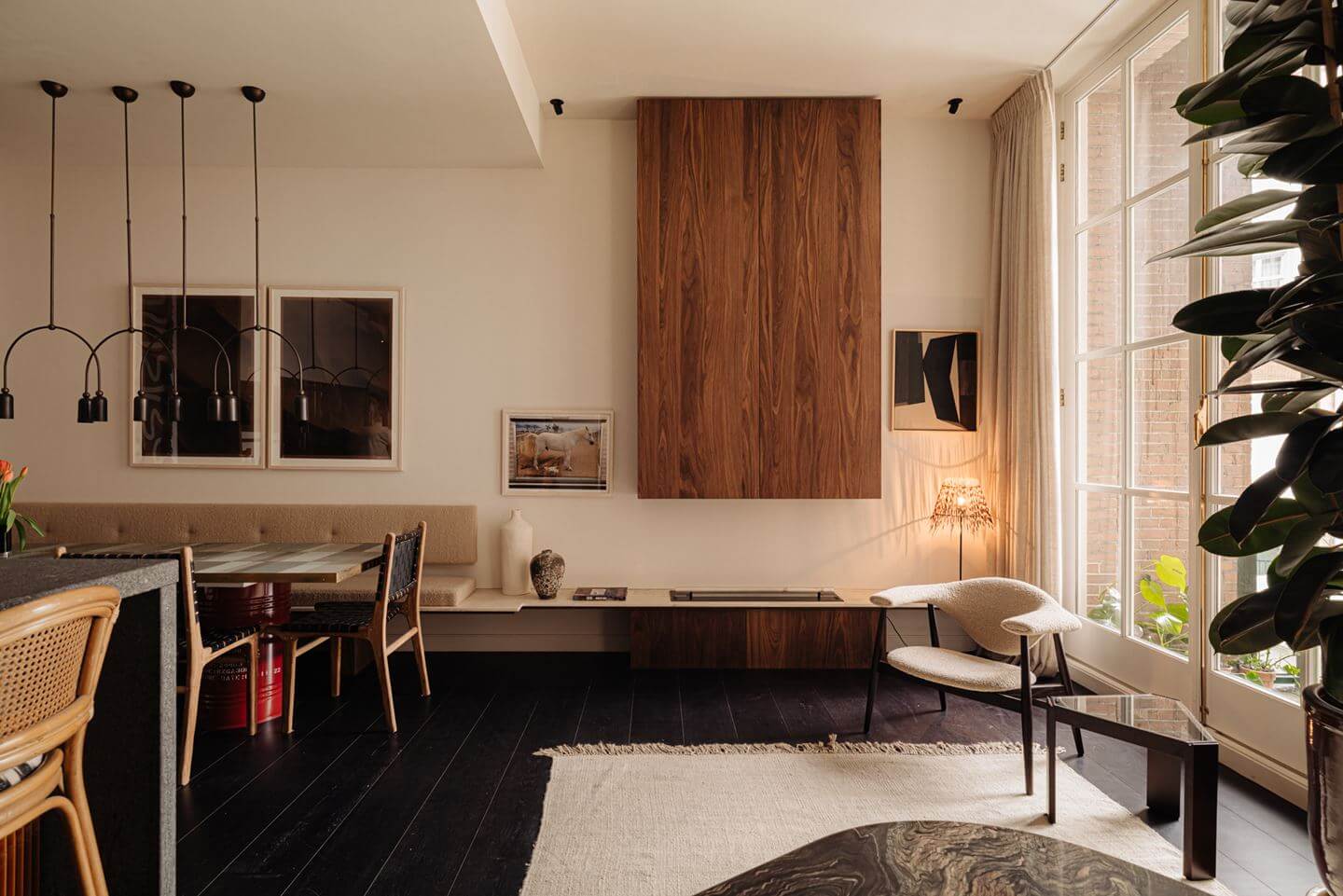 A Luxurious Duplex Apartment in Amsterdam 2 open-plan-living-room-dark-wooden-floorboards-nordroom