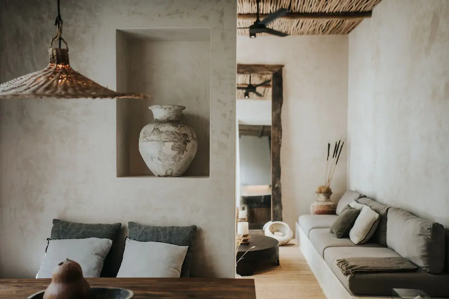 Rustic Wooden Elements in a Stylish Tulum Airbnb 11 open-plan-living-room-kitchen-decorative-niche-nordroom