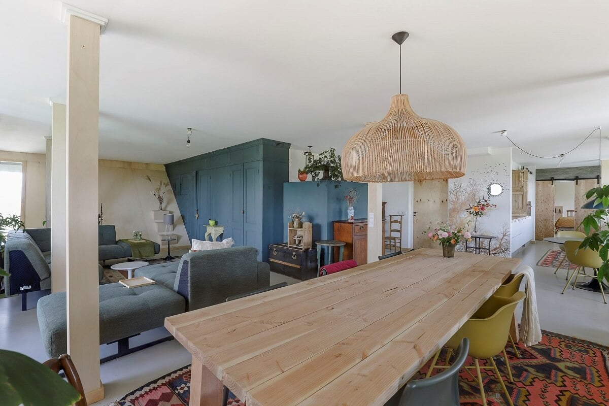 A Unique Upside Down House in The Netherlands 2 open-plan-living-space-custom-blue-cabinets-nordroom
