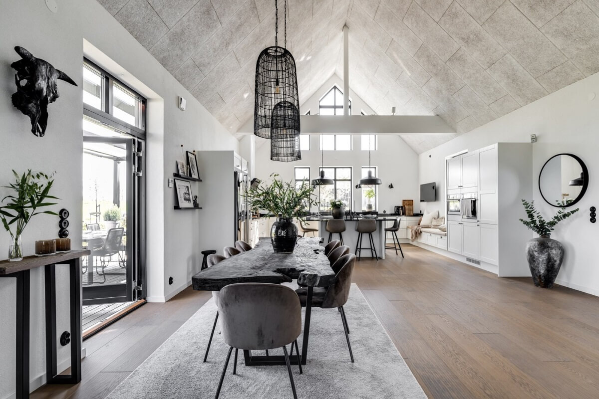 A Monochrome Swedish Villa with High Ceilings 9 open-plan-living-space-dining-table-nordroom