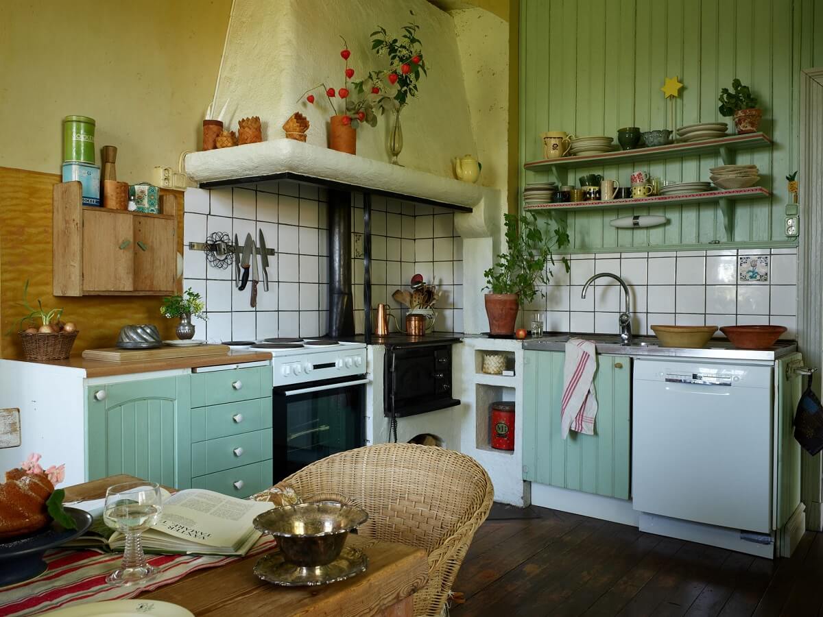 A Vintage Colorful Family Home in the Swedish Countryside 12 open-shelves-green-vintage-kitchen-nordroom