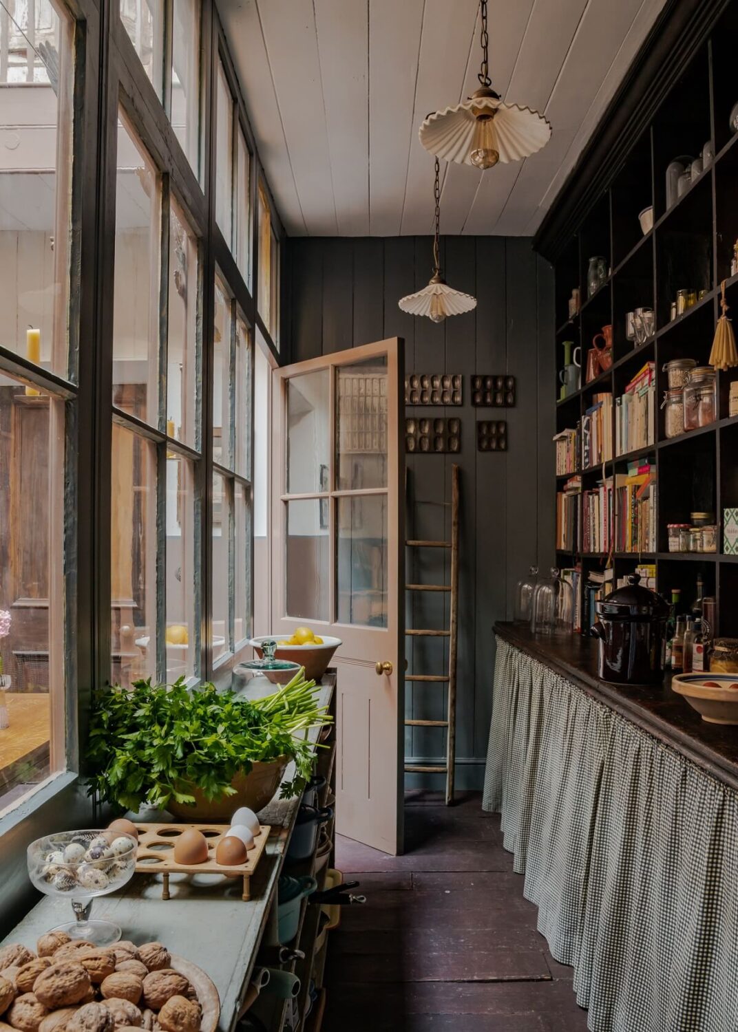 A Unique Historic House with Old Fashioned Shop in Bath 7 pantry-glass-wall-skirting-moody-dark-gray-walls-nordroom