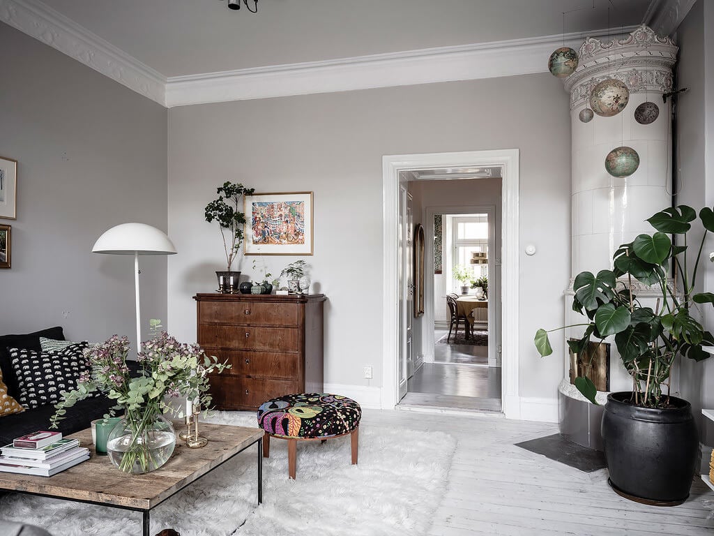 A Scandi Home with Stainless Steel Kitchen and Wallpaper 22 round fireplace living room nordroom A Scandi Home with Stainless Steel Kitchen and Wallpaper