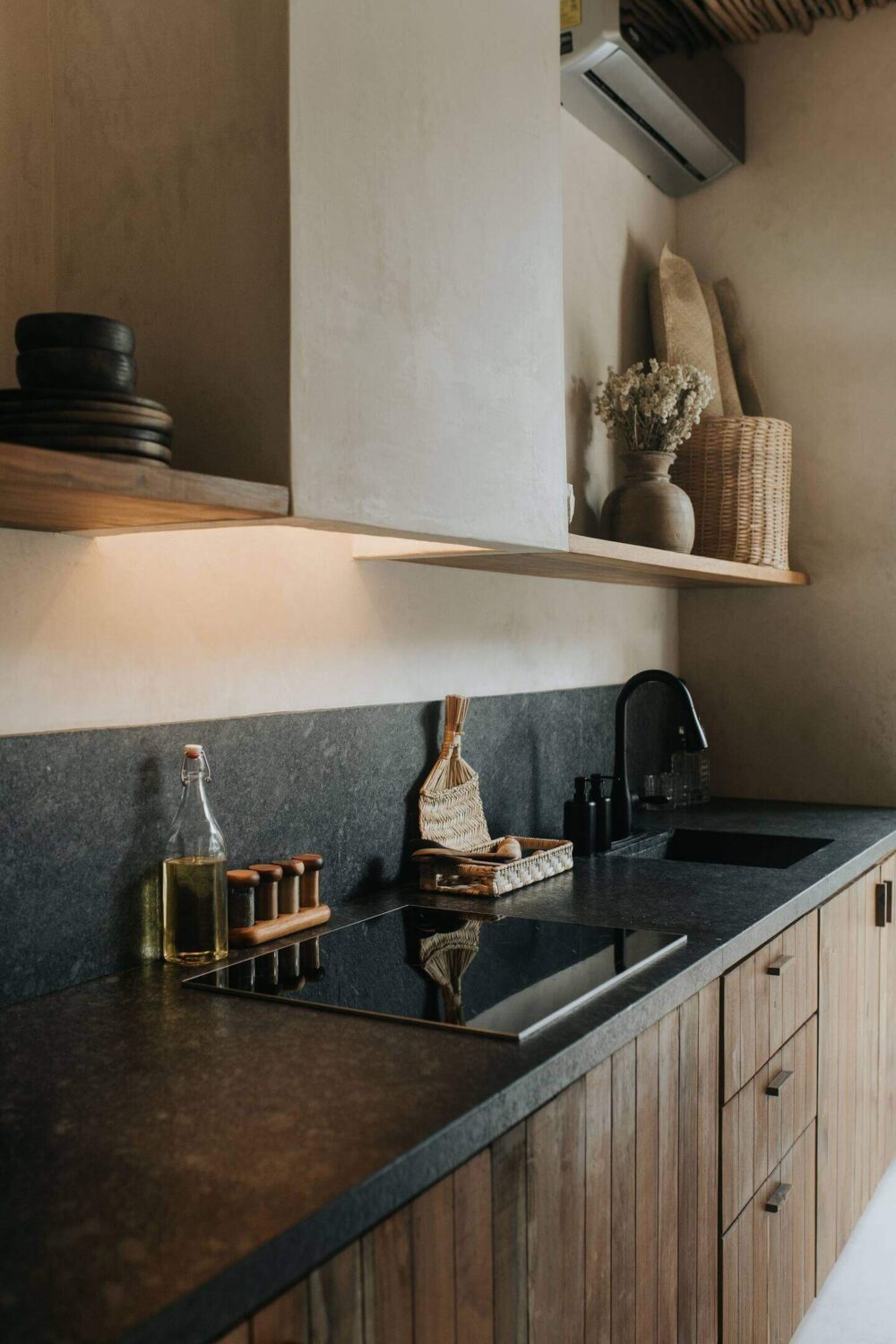 Rustic Wooden Elements in a Stylish Tulum Airbnb 14 rustic-wooden-kitchen-black-worktop-airbnb-apartment-tulum-nordroom