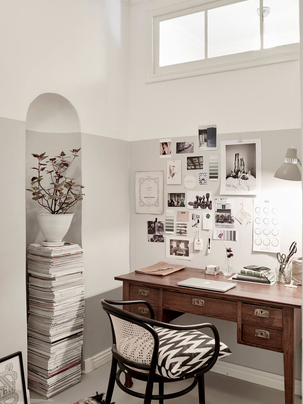 A Scandi Home with Stainless Steel Kitchen and Wallpaper 33 small home office half painted wall nordroom A Scandi Home with Stainless Steel Kitchen and Wallpaper