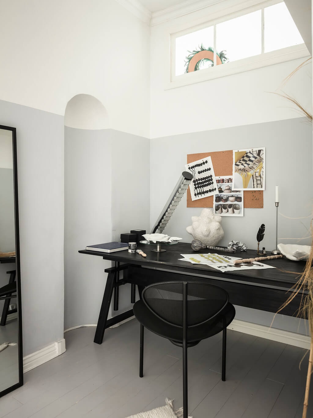 A Scandi Home with Stainless Steel Kitchen and Wallpaper 31 small-home-office-two-tone-walls-black-desk-nordroom