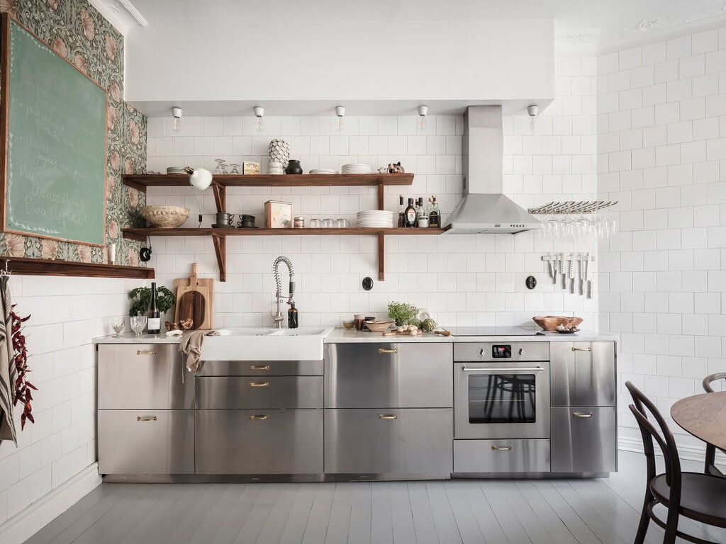 A Scandi Home with Stainless Steel Kitchen and Wallpaper 3 stainless-steel-kitchen-light-gray-floor-william-morris-wallpaper-nordroom