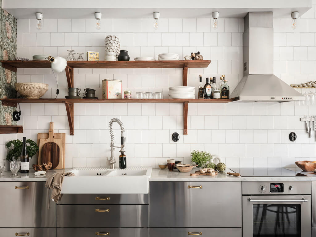A Scandi Home with Stainless Steel Kitchen and Wallpaper 4 stainless-steel-kitchen-white-tiles-open-shelves-nordroom