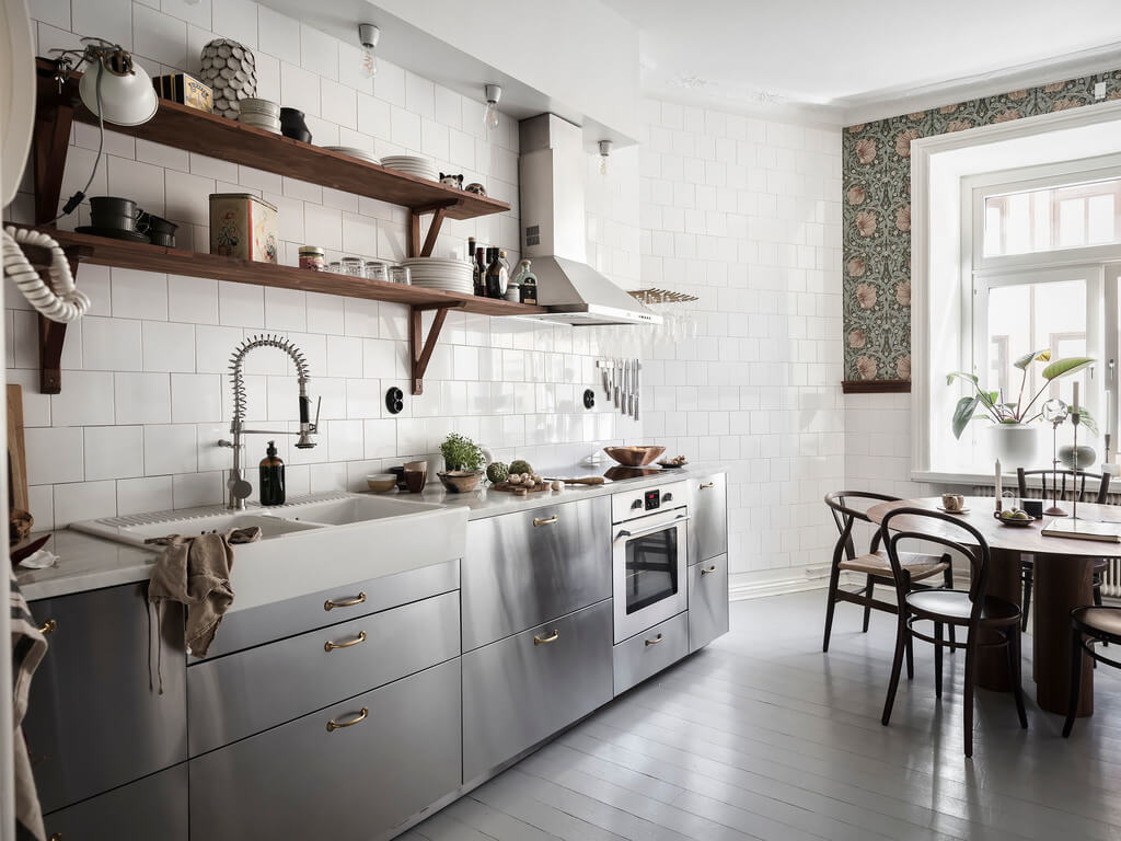 A Scandi Home with Stainless Steel Kitchen and Wallpaper 2 stainless-steel-kitchen-william-morris-wallpaper-round-dining-table-nordroom