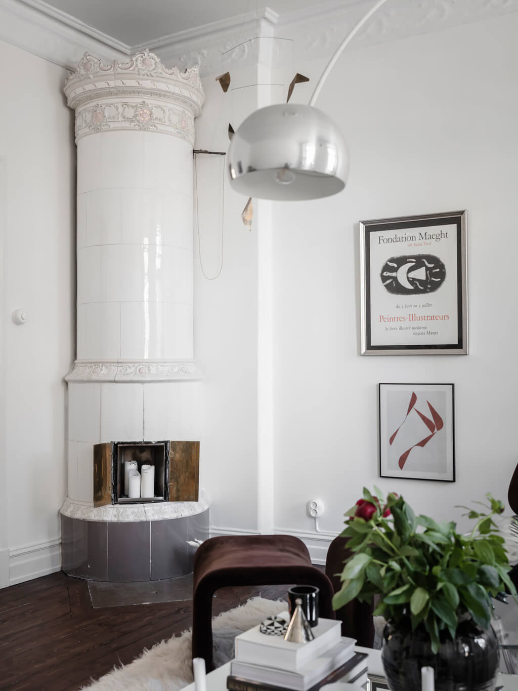 A Scandi Home with Stainless Steel Kitchen and Wallpaper 18 swedish-fireplace-white-living-room-kitchen-nordroom