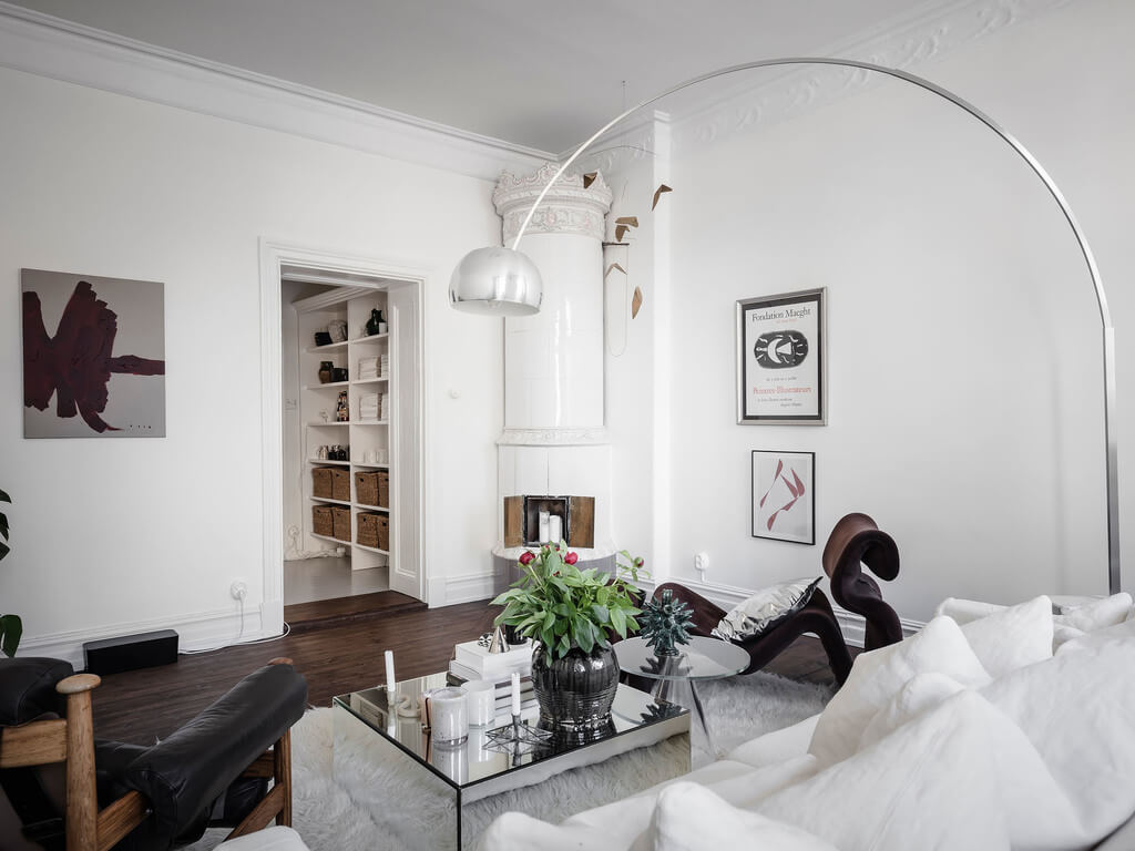 A Scandi Home with Stainless Steel Kitchen and Wallpaper 16 white-iving-room-fireplace-nordroom