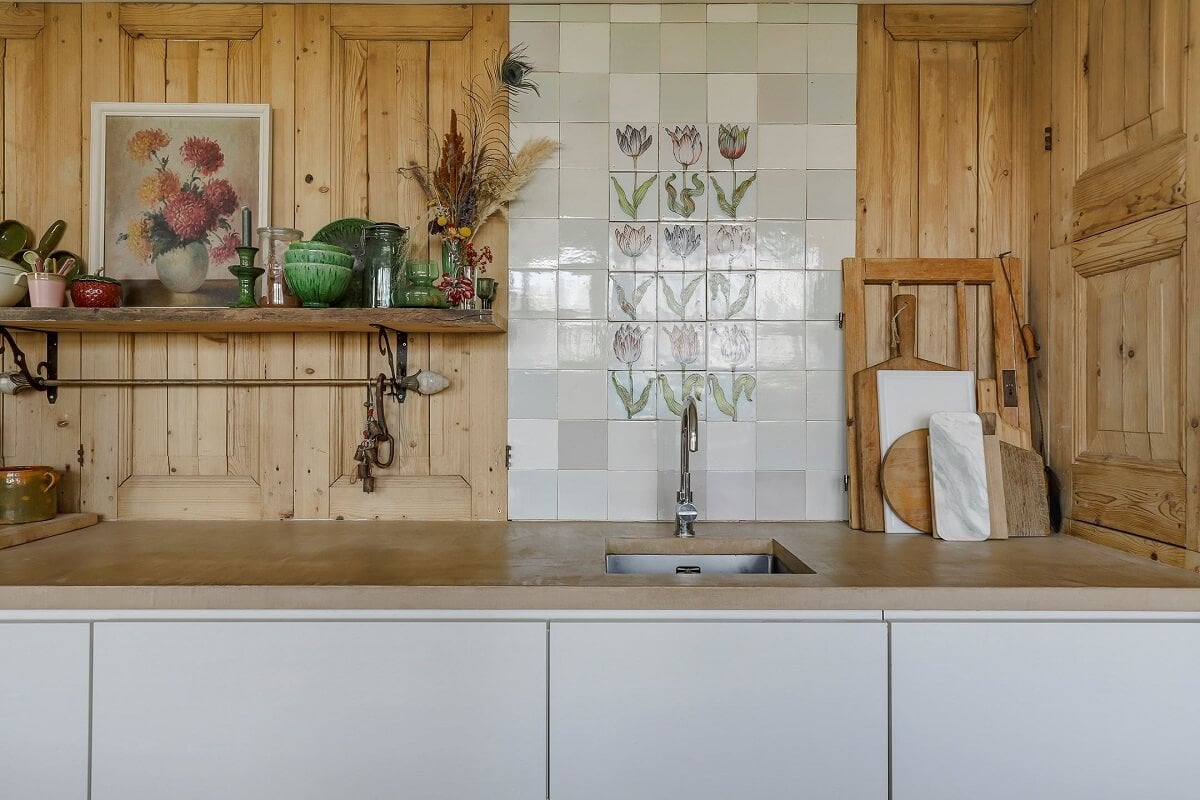 A Unique Upside Down House in The Netherlands 14 white-kitchen-antique-tiles-wooden-wall-nordroom