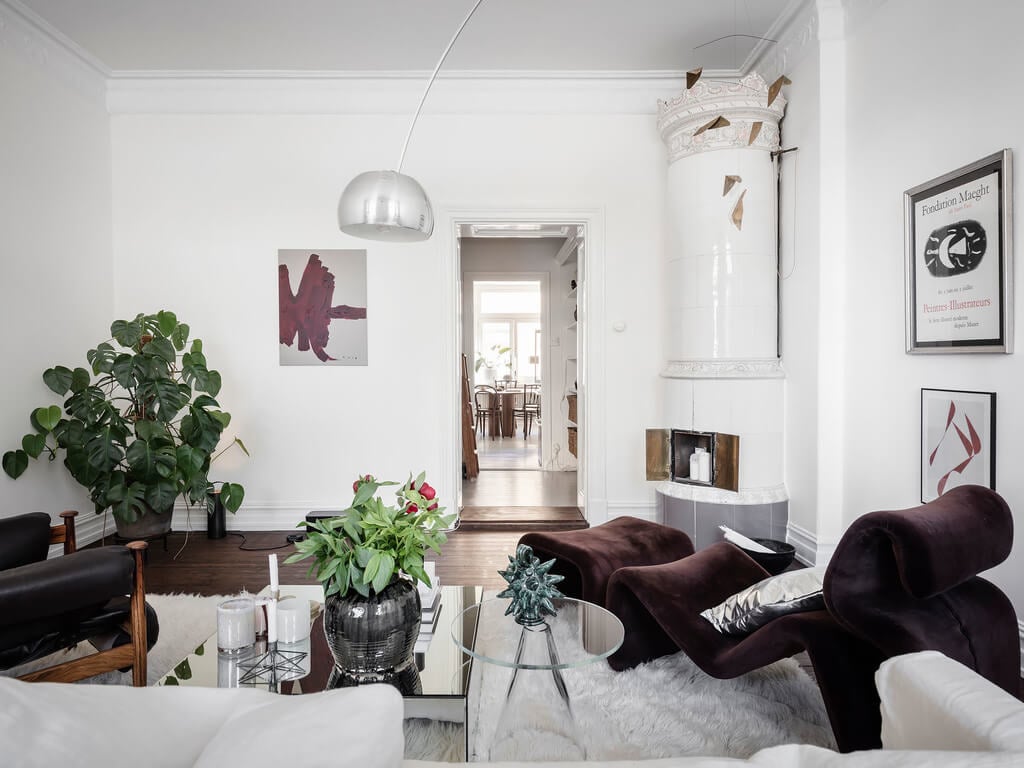 A Scandi Home with Stainless Steel Kitchen and Wallpaper 17 white-living-room-round-fireplace-nordroom