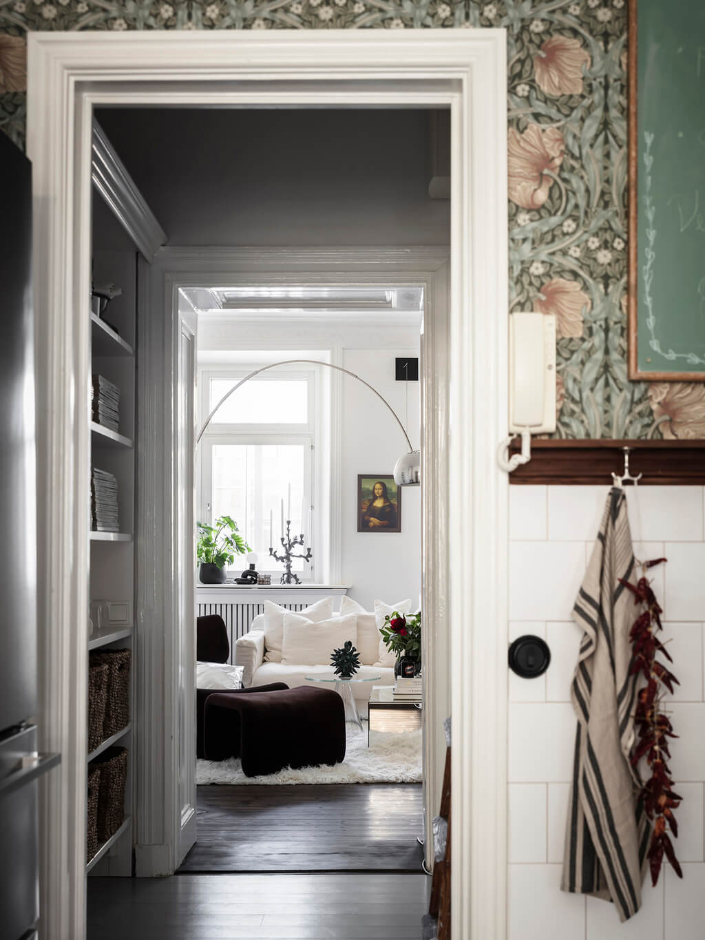 A Scandi Home with Stainless Steel Kitchen and Wallpaper 13 william-morris-wallpaper-hallway-nordroom