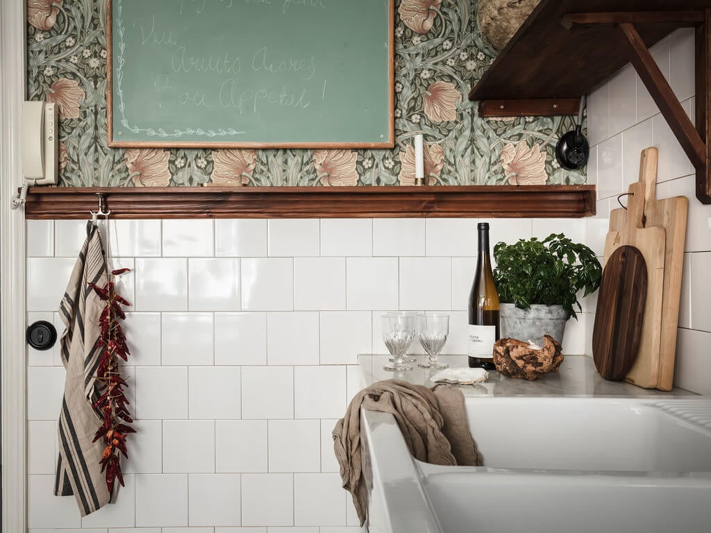 A Scandi Home with Stainless Steel Kitchen and Wallpaper 8 william-morris-wallpaper-white-tiles-kitchen-nordroom