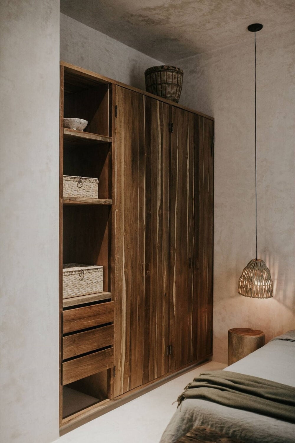 Rustic Wooden Elements in a Stylish Tulum Airbnb 20 wooden-wardrobe-closed-and-open-storage-nordroom