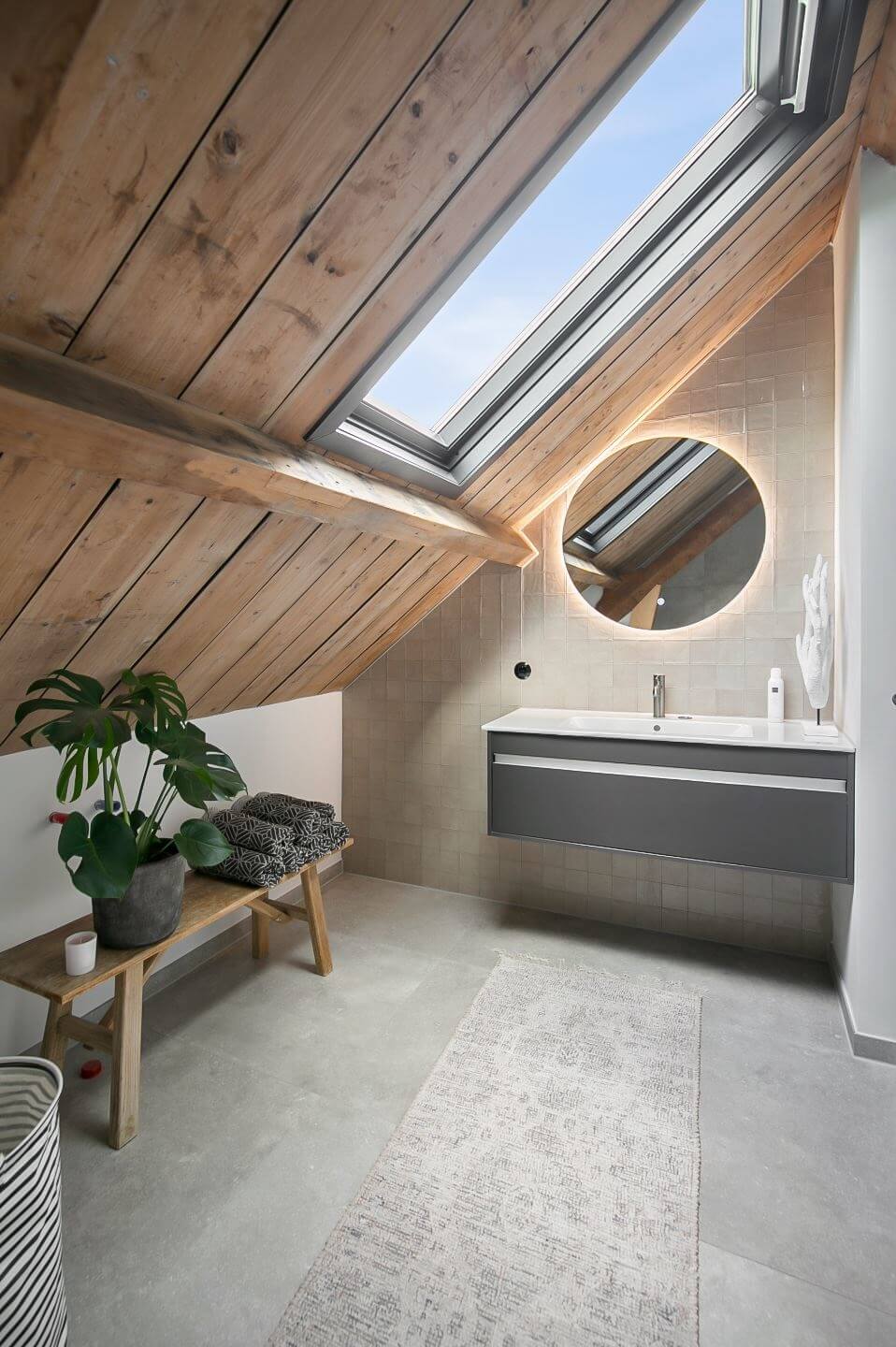 A Dutch Barn House with Brick Floors and Wooden Ceilings 19 attic-bathroom-wooden-ceiling-round-mirror-nordroom