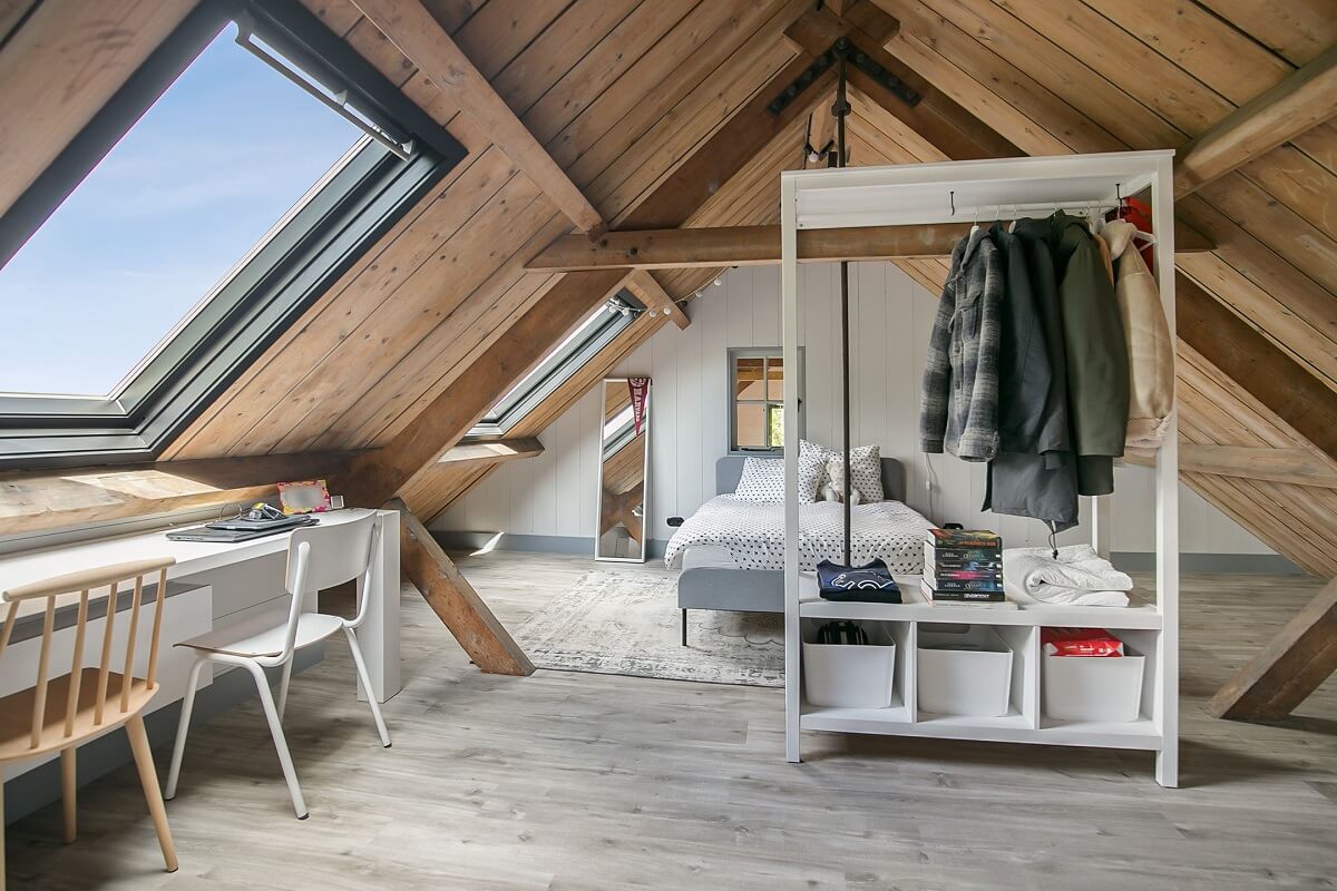A Dutch Barn House with Brick Floors and Wooden Ceilings 20 attic-bedroom-wooden-ceiling-nordroom