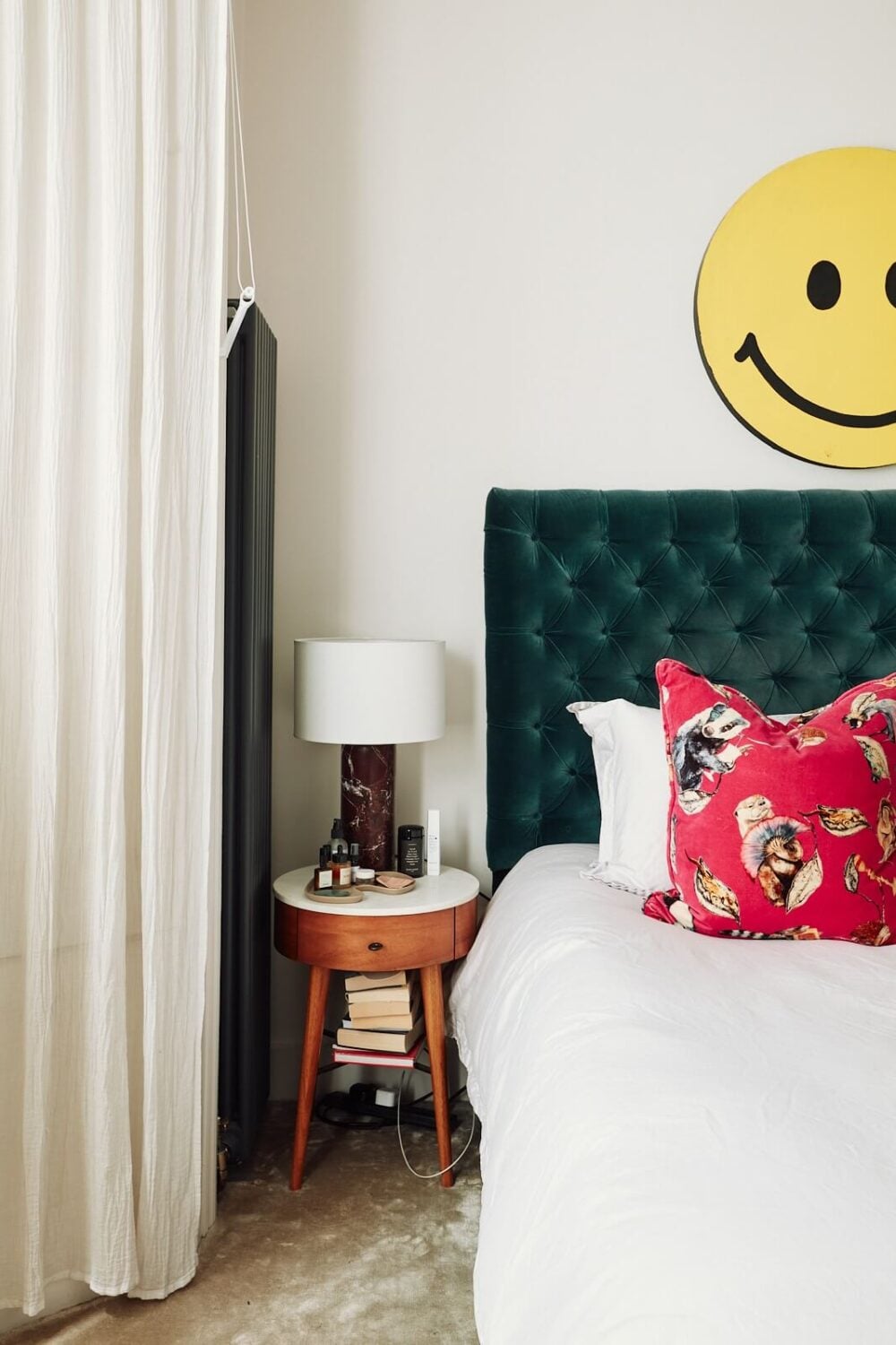 A Pink Living Room in a London Maisonette 20 bedroom-velvet-headboard-midcentury-modern-nightstand-nordroom