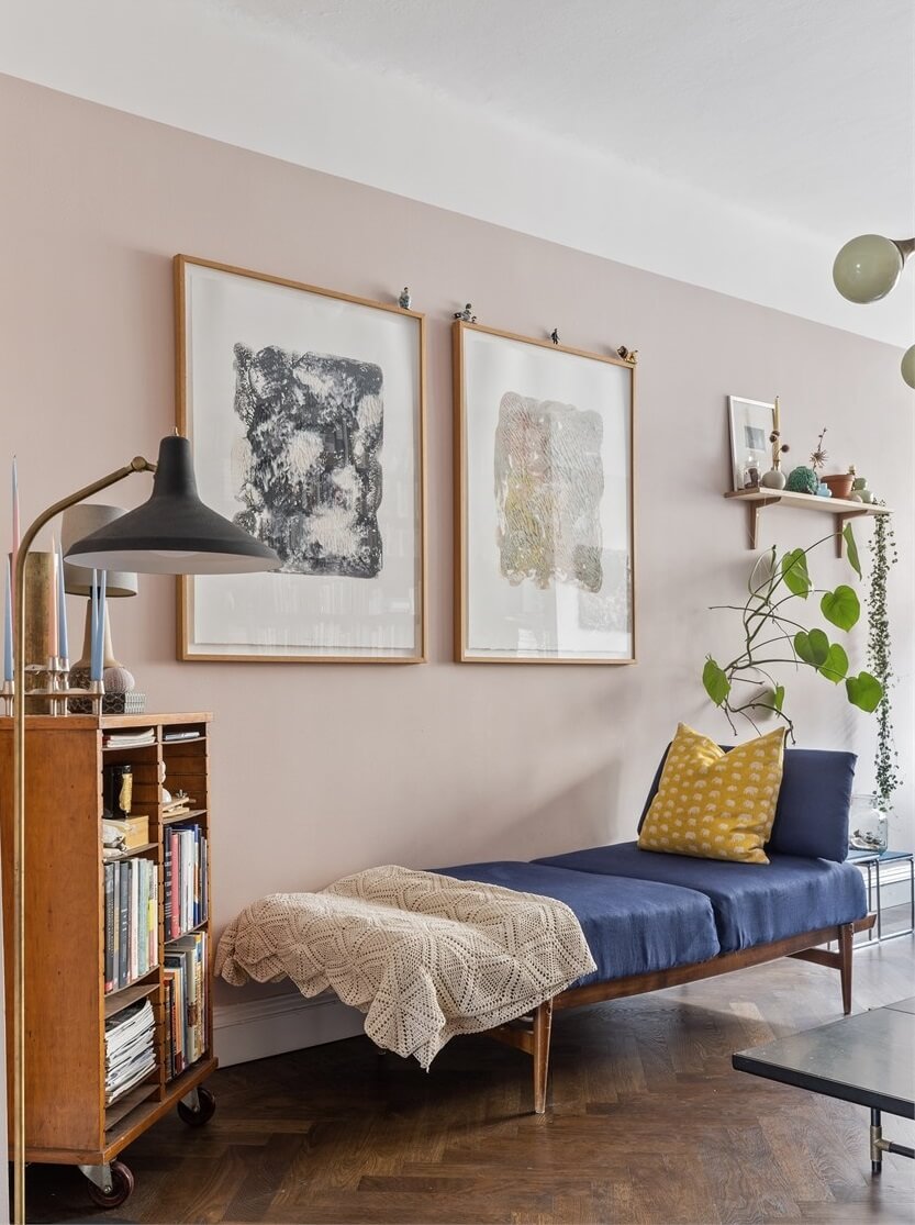 A Warm Scandinavian Apartment Filled with Books & Plants 4 blue-bench-sofa-herringbone-floor-nordroom