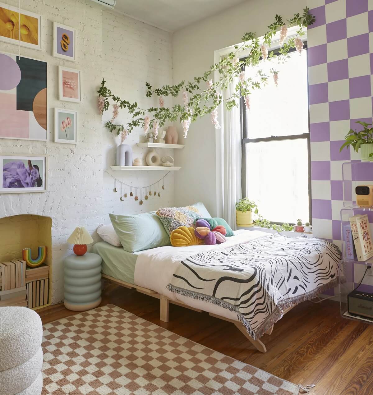 Beautiful Dorm Room Decorating Ideas 22 colorful-bedroom-hanging-plants-white-painted-brick-wall-nordroom